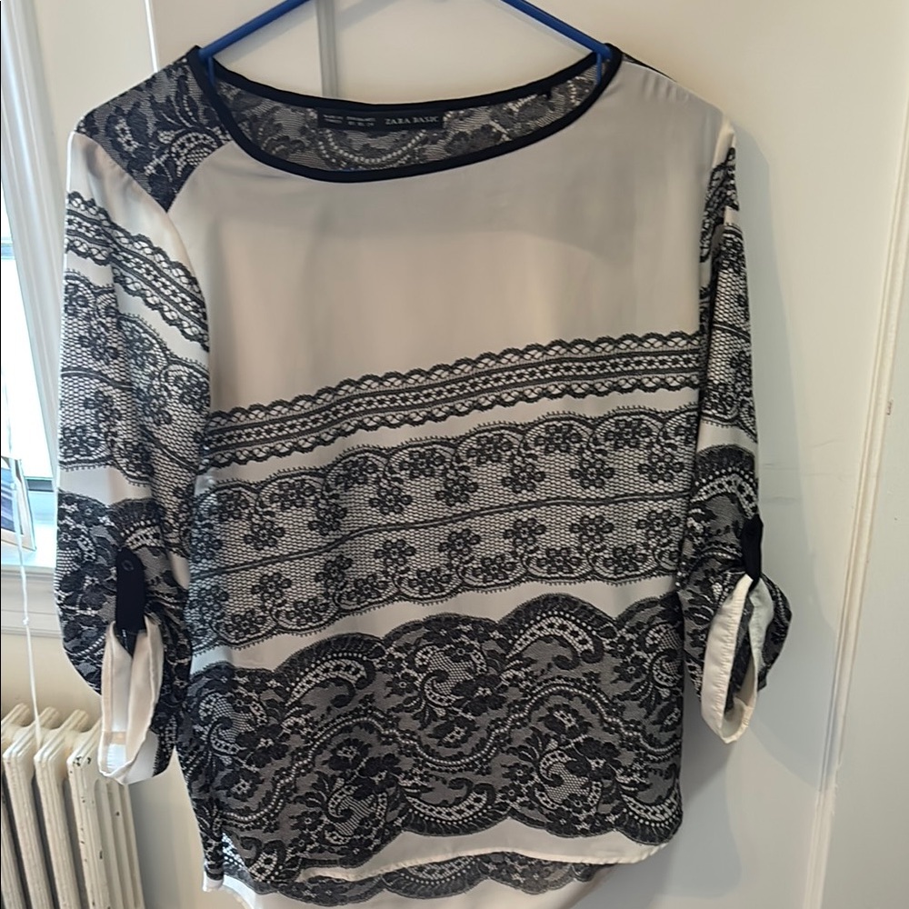 Zara Black and White Lace-Print Top